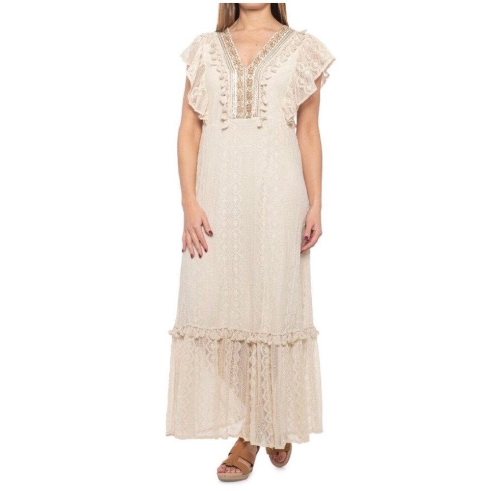 Vanessa Alexandra Lace Maxi Dress Romantic Sheer Flutter Embroidered Tassels Med